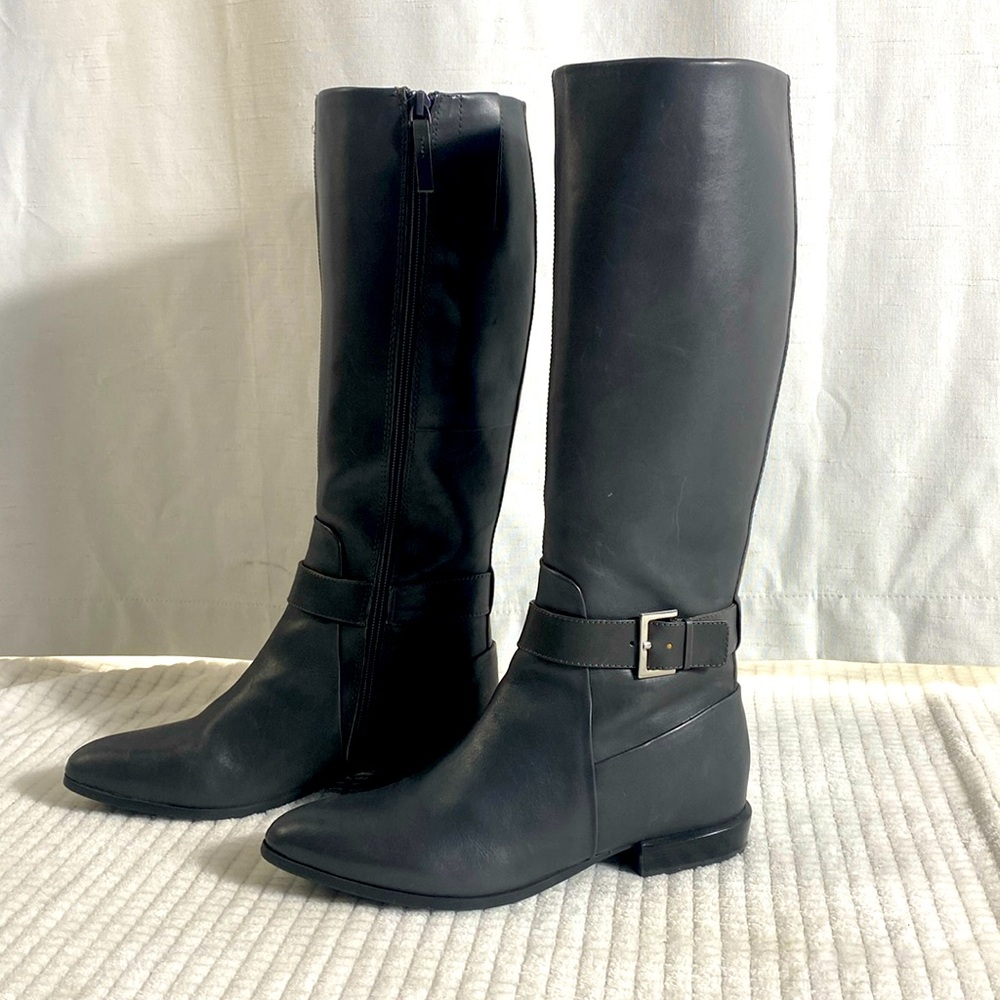 Nine West Diablo Gray Leather Wide Calf Knee High Riding Boots Women’s 7.5M